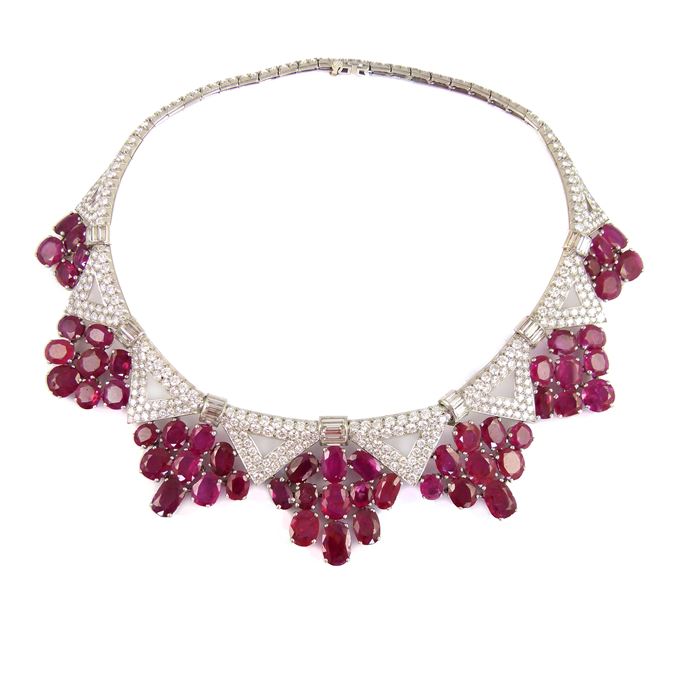 Mid-20th century ruby and diamond cluster necklace with a zig-zag fringe of Burma rubies | MasterArt